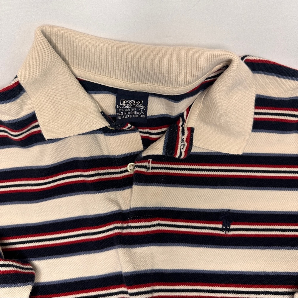 Ralph Lauren Classic 90s Preppy Red, Cream, and Navy Long Sleeve Striped Polo